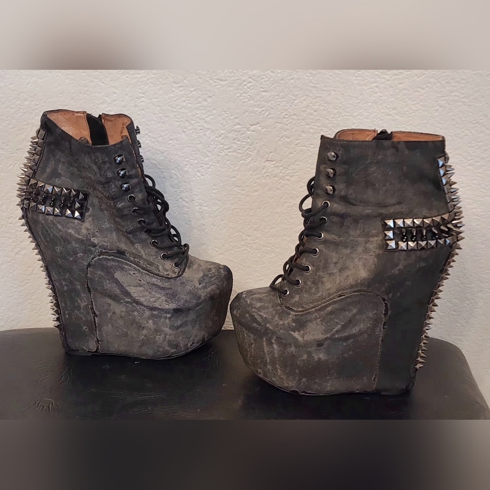 JEFFERY CAMPBELL Damsel - Spike Platform Wedge Ankle Boots, Grey, Size 7 - Picture 3 of 13